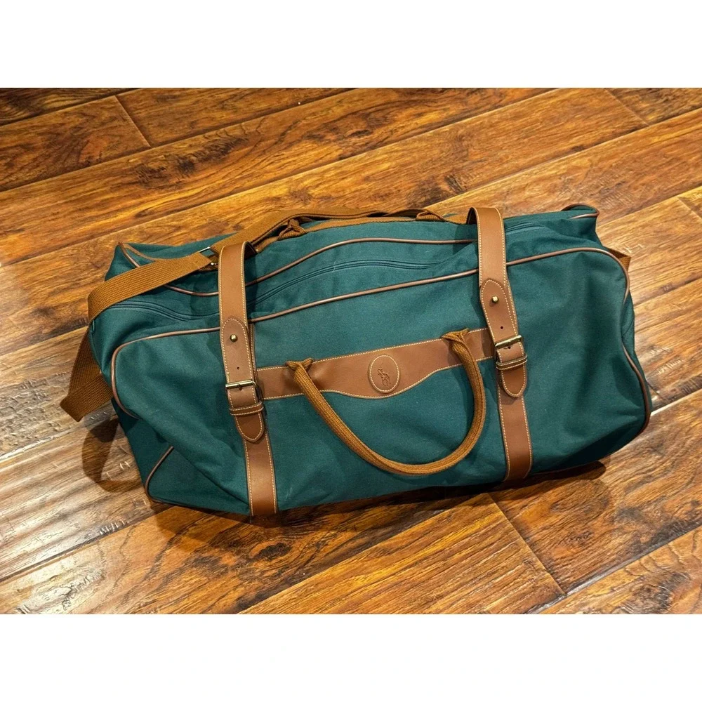 Polo Ralph Lauren Rolling Duffel Bag Green Canvas Leather Trim 24x13x11 Travel